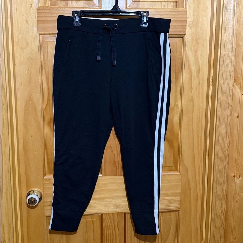 Athleta Woman’s Black Joggers with White Stripe Accents, Size Large Petite. - Picture 3 of 15